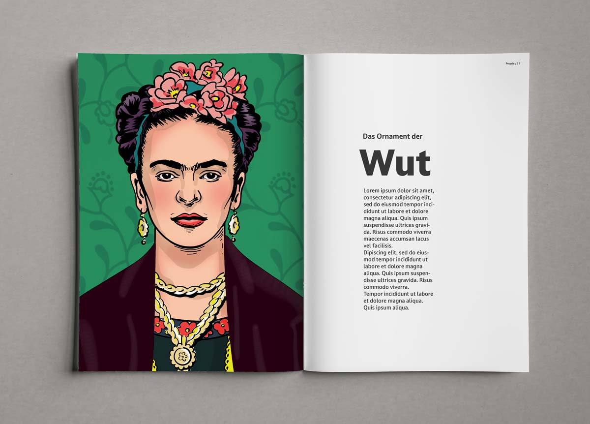 Editorial Beitrag über Frida Kahlo mit einer ganzseitigen illustrativen Portraitzeichnung