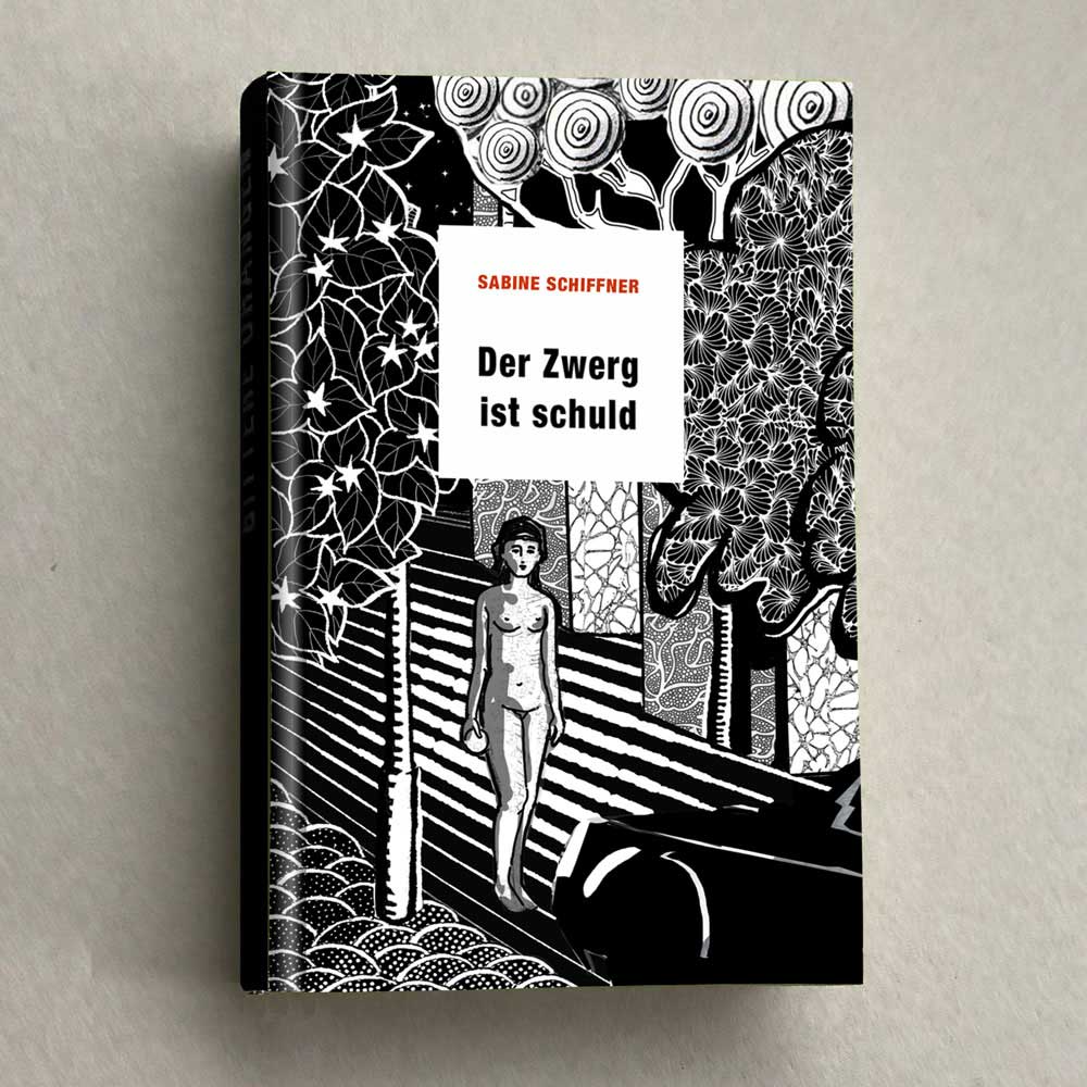 Illustrierter Buchtitel, nacktes Mädchen auf einer Straße mit Bäumen