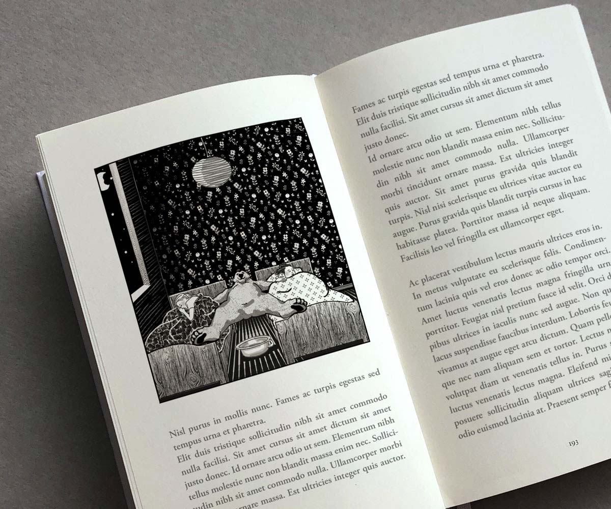 Buchillustration, Ein Bär liegt zwischen zwei Kindern im Bett