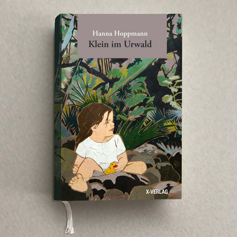 Illustrierter Buchtitel, kleines Mädchen mit Badeente in einem Dschungel