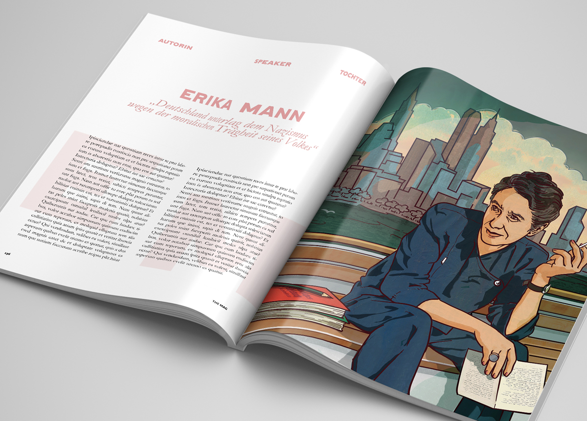 Eine Zeitschriftenseite zeigt das gezeichnete Portrait von Asli Erdogan. Im Hintergrund sind Trümmer, Feuer und Polizeigewalt zu sehen