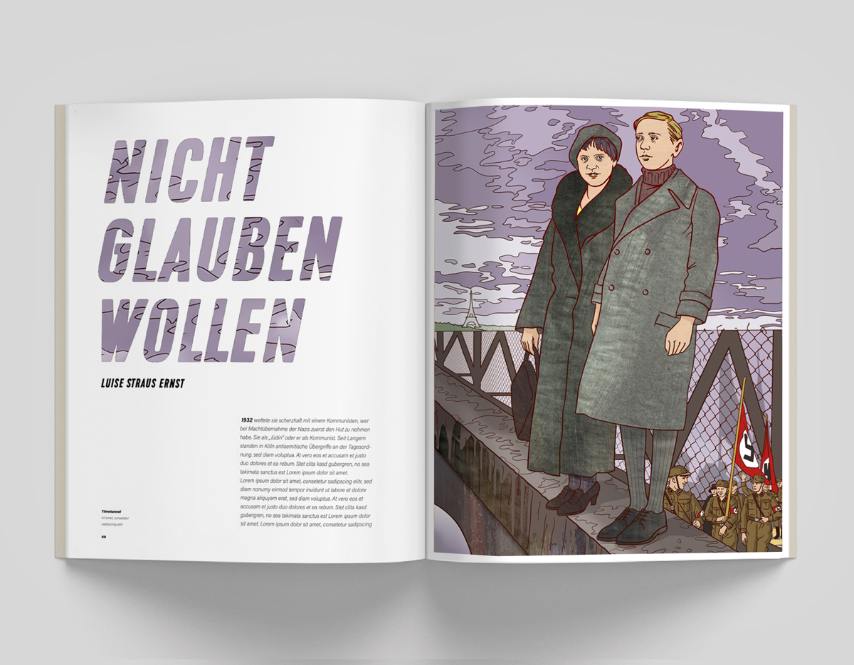 Eine Zeitschriftenseite zeigt das gezeichnete Portrait von Asli Erdogan. Im Hintergrund sind Trümmer, Feuer und Polizeigewalt zu sehen