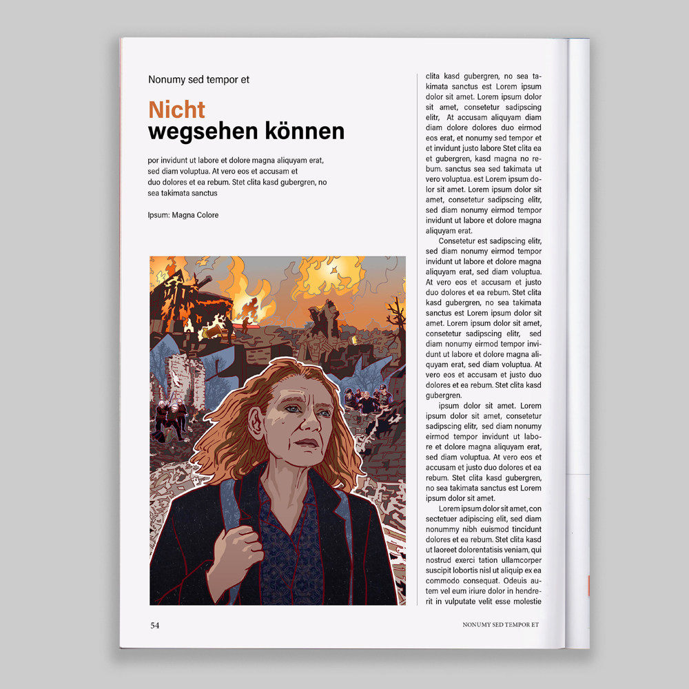 Eine Zeitschriftenseite zeigt das gezeichnete Portrait von Asli Erdogan. Im Hintergrund sind Trümmer, Feuer und Polizeigewalt zu sehen