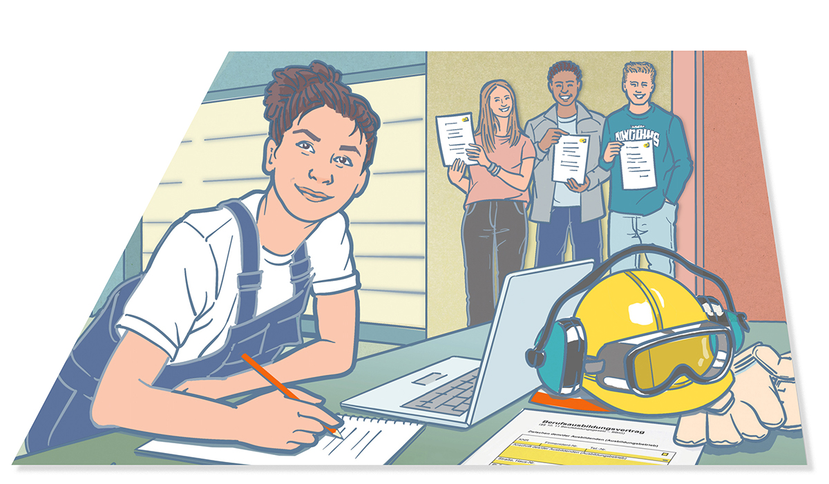 Junge Frau in Arbeitskleidung vor dem Laptop. Auf dem Tisch Schutzhelm und Schutzbrille. Im Hintergrund halten 3 junge Leute ihr Zeugnis hoch