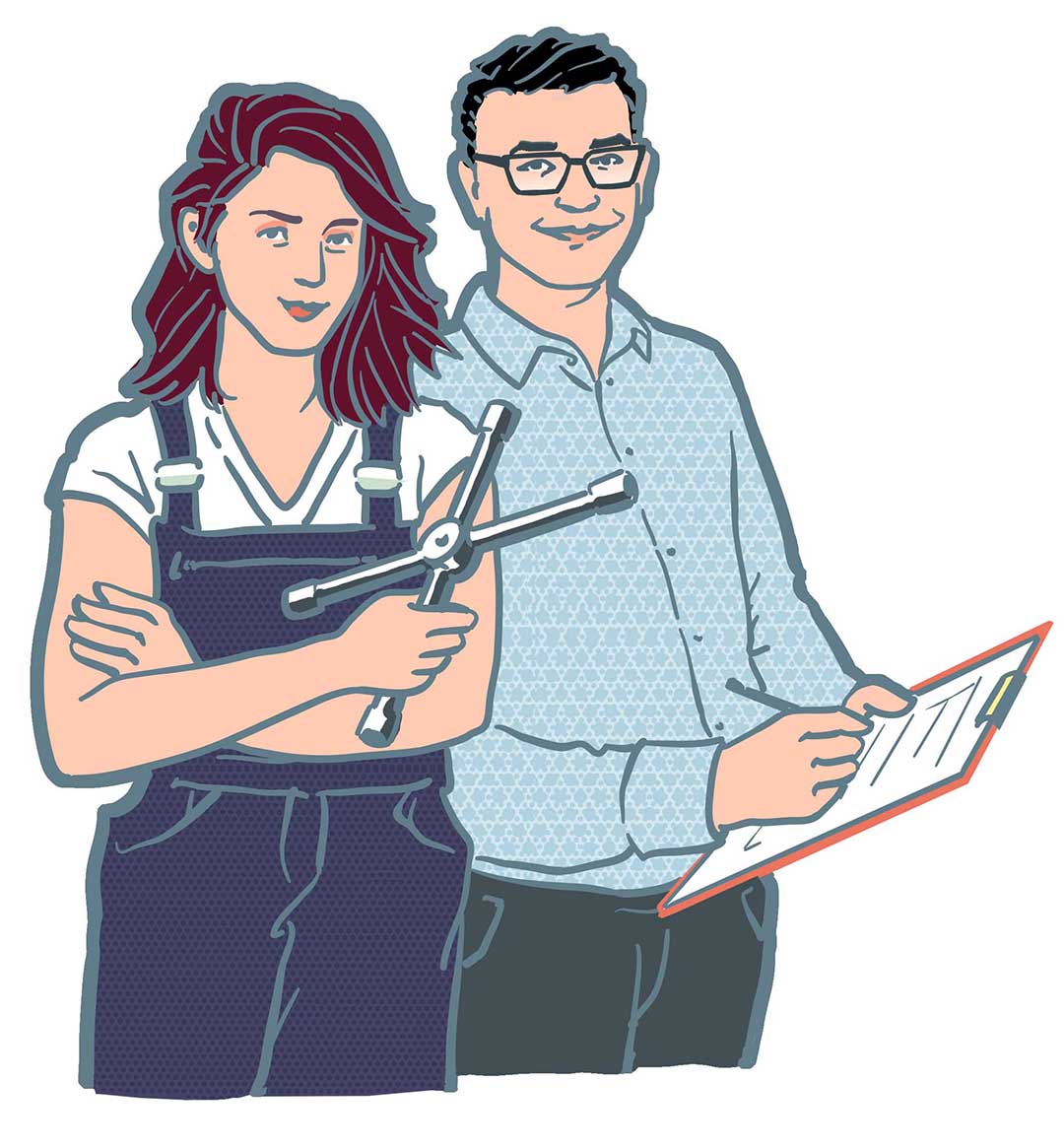 Zu sehen sind eine junge Frau mit Latzhose und Kreuzschlüssel, sowie ein junger Mann mit Brille und Klemmbrett.