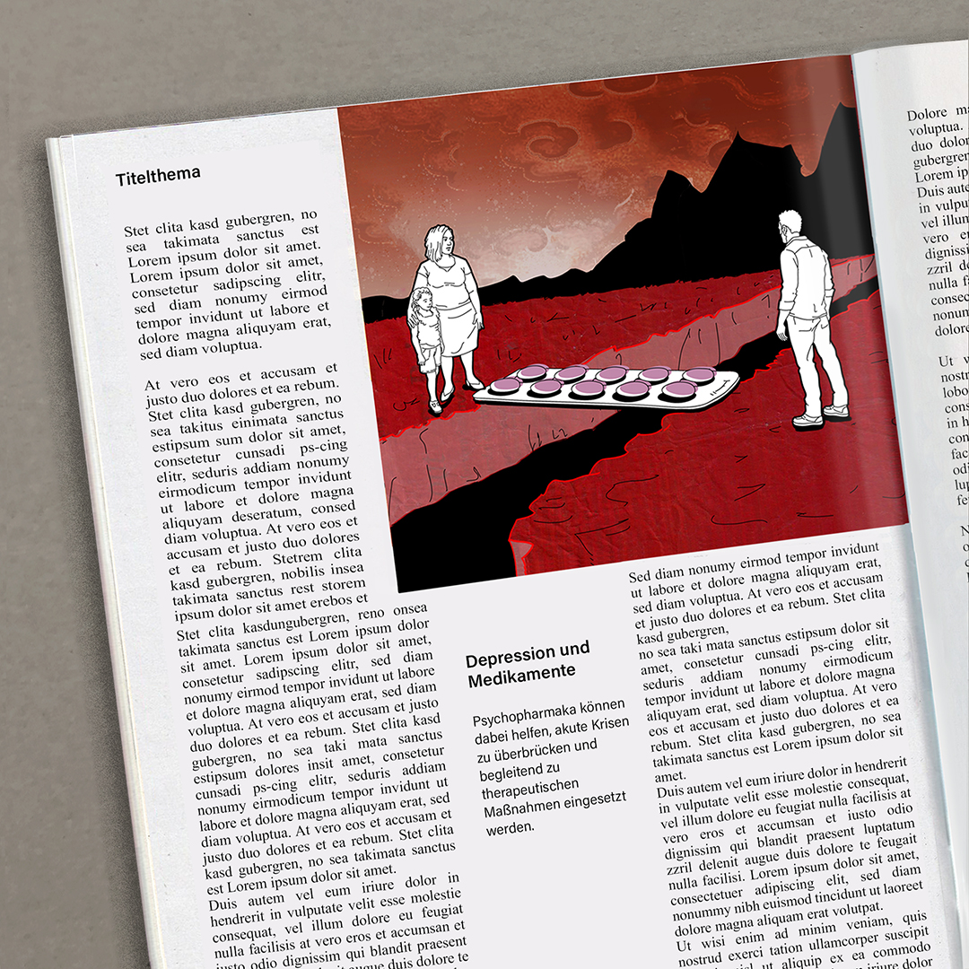 Ein Mann steht in einer kargen Felslandschaft. Er ist durch einen Abgrund von Frau und Kind getrennt. Der Abgrund wird durch eine Tablettenpackung überbrückt.