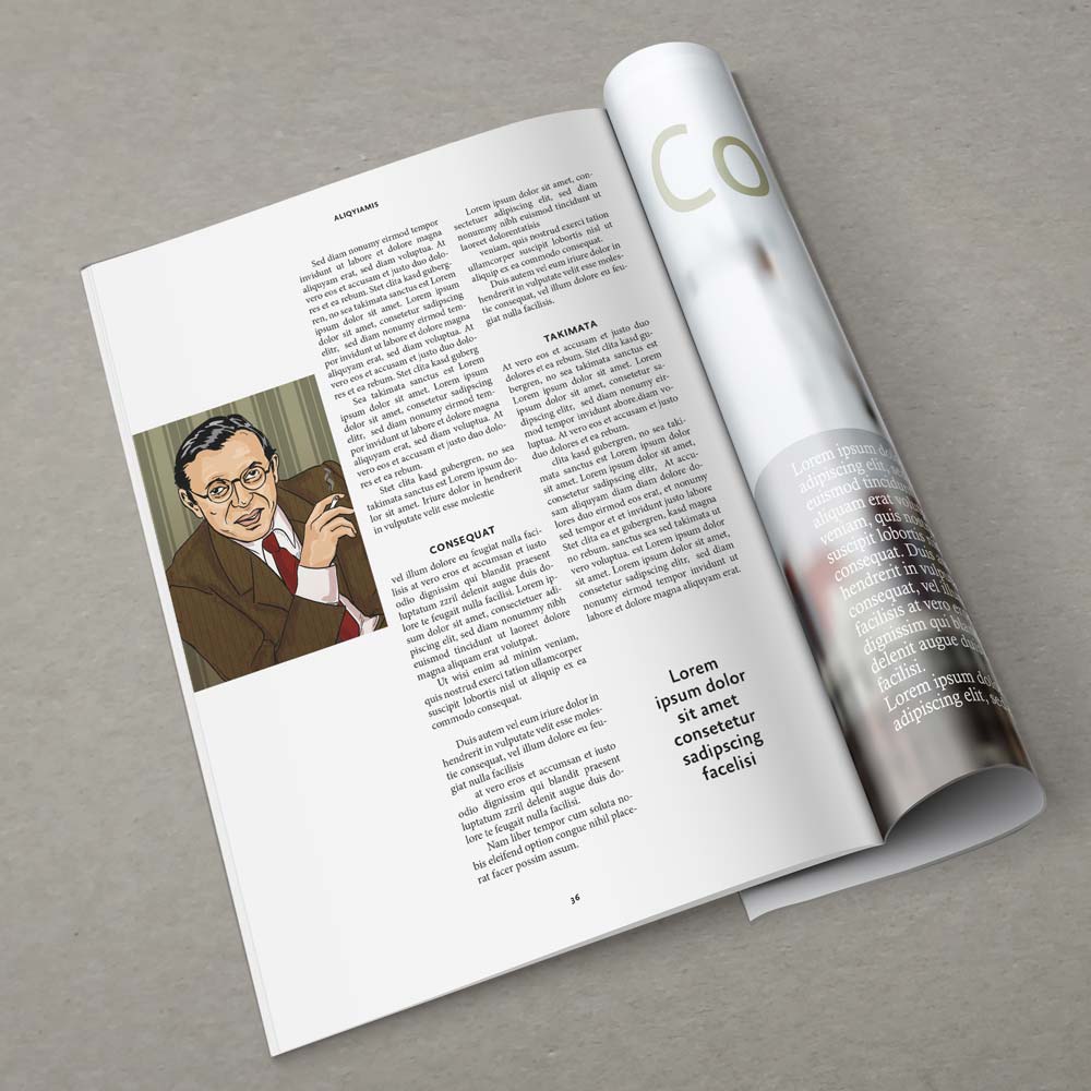 Zeitschriftenartikel mit dem illustrierten Portrait eines Promis