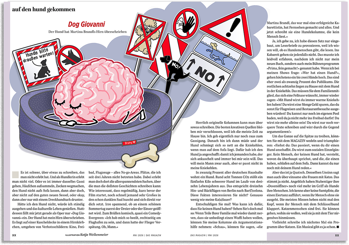 Ein Hirn schläft in einem Hundekörbchen, während drumherum lauter Hundeverotsschilder aufgestellt sind.