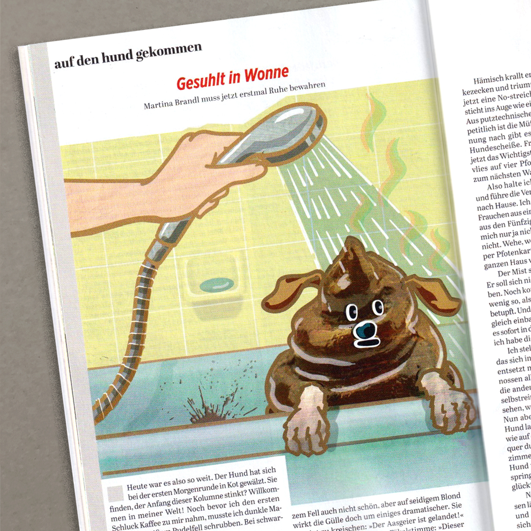 Ein Kackhaufen mit Hundeohren, Pfoten und Gesicht befindet sich in einer schmutzigen Badewanne und wird geduscht.