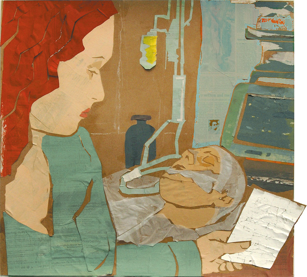 Frau liest einen Patientenverfügung, im Hintergrund ein Intensivpatient. Papiercollage Illustration