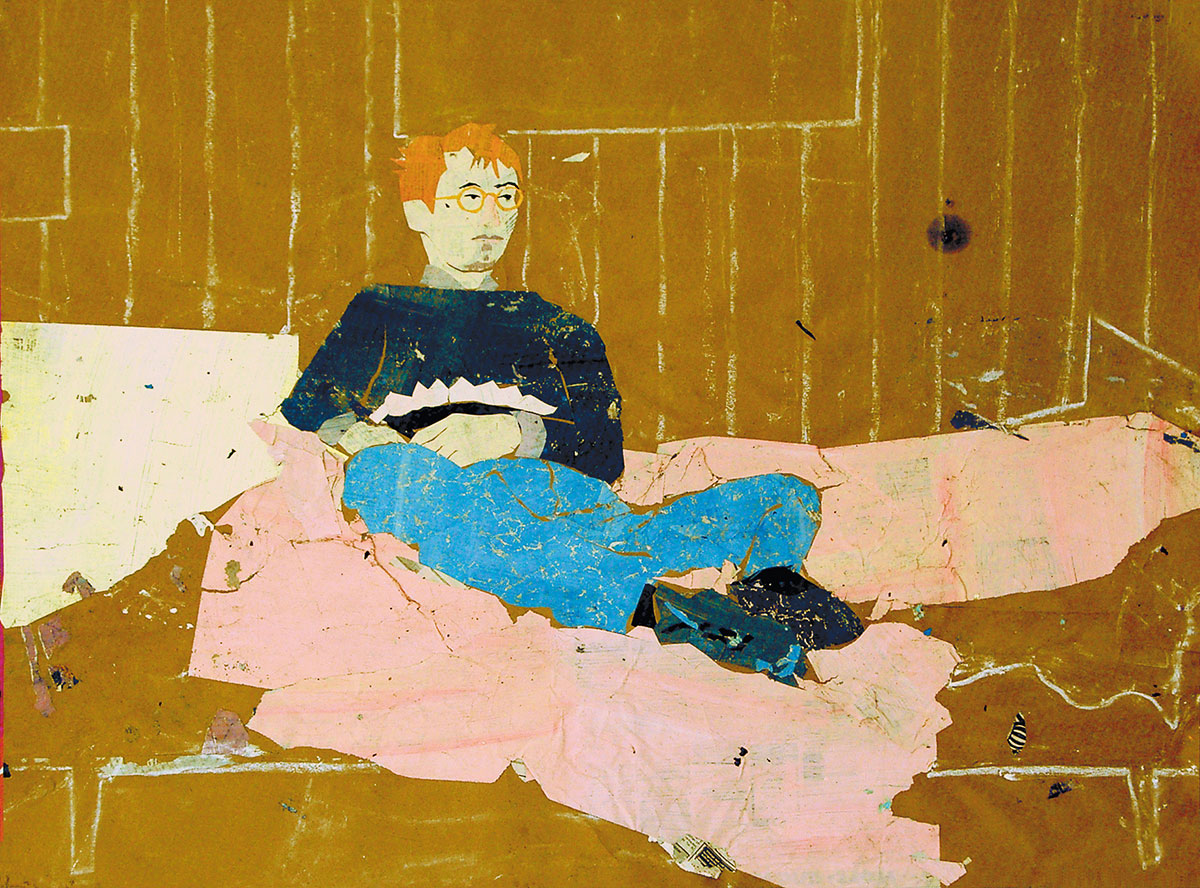 Junger Mann mit roten Haaren liegt auf einem zerwühlten Bett, Papiercollage Illustration