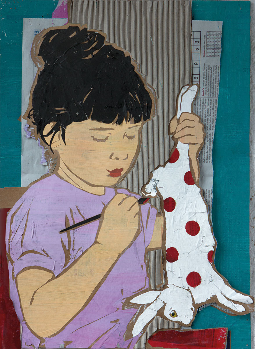 Kleines Mädchen bemalt einen Osterhasen mit roten Punkten, Papiercollage
