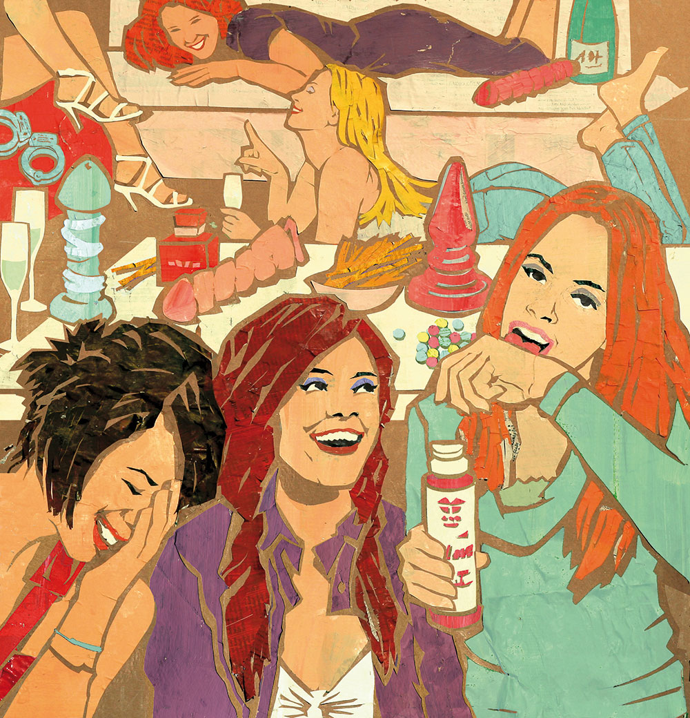Junge Frauen bei einer Sex-Toys Party. Papiercollage Illustration