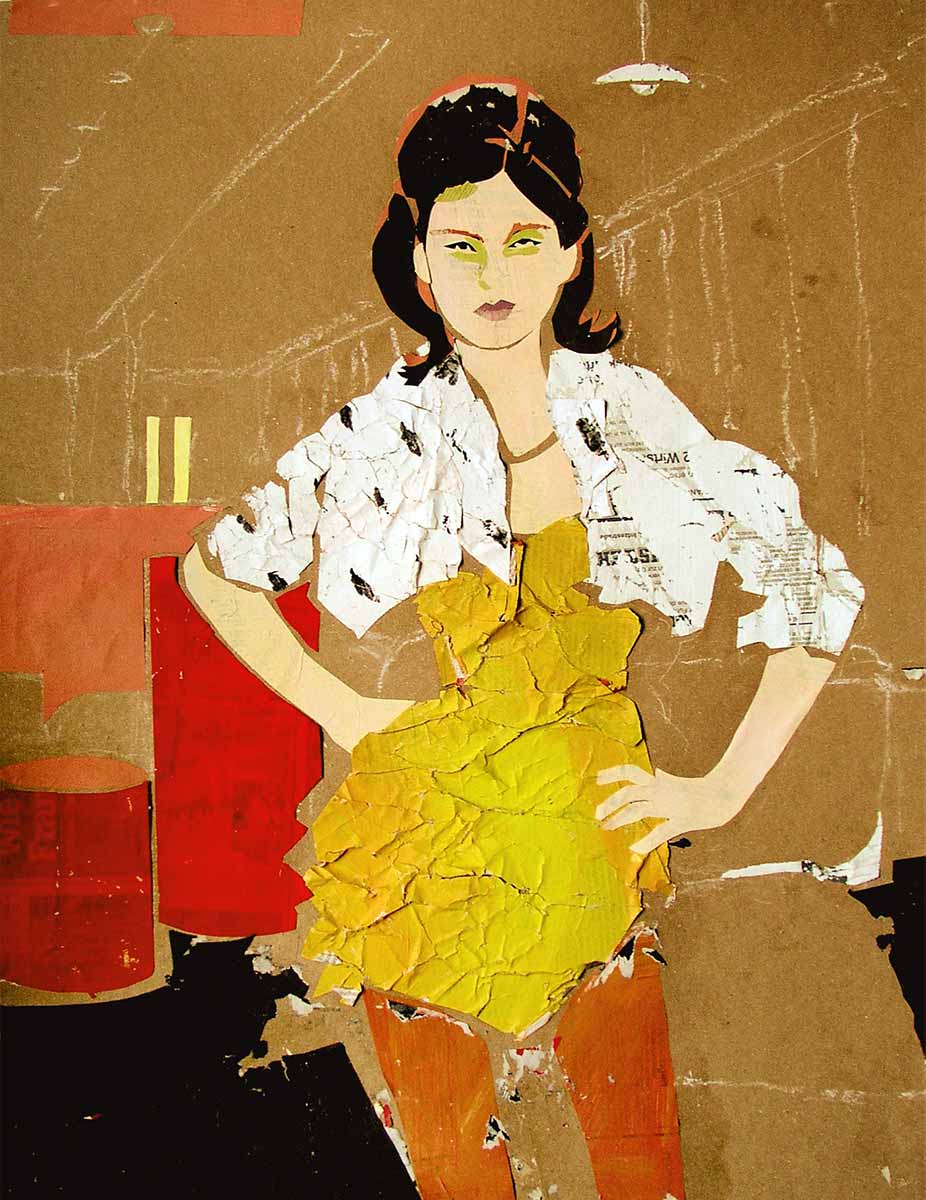 Junge Frau in einem gelben Minikleid in einer Bar, Papiercollage Illustration