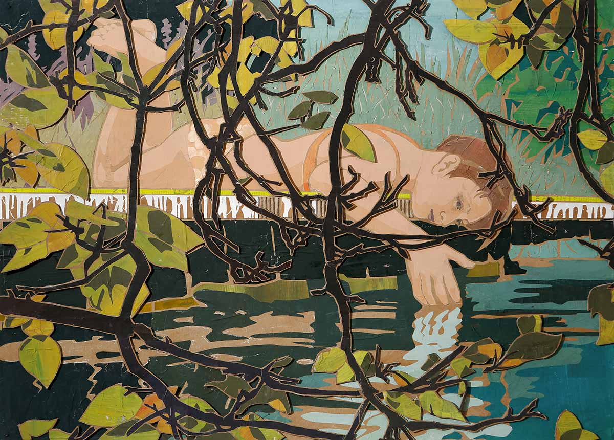 Frau im Bikini liegt auf einem Steg und schaut in das Wasser des Sees. Papiercollage Illustration
