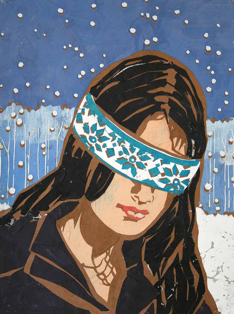 Junge Frau mit einer gemusterten Augenbinde, Papiercollage Illustration