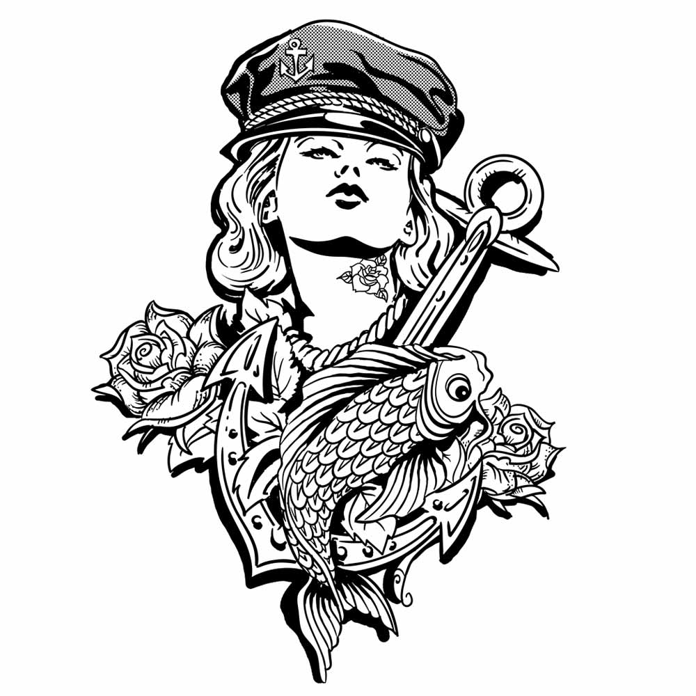 Tattoo-Style Illustration, Frau mit Kapitänsmütze, Anker, Rose und Fisch