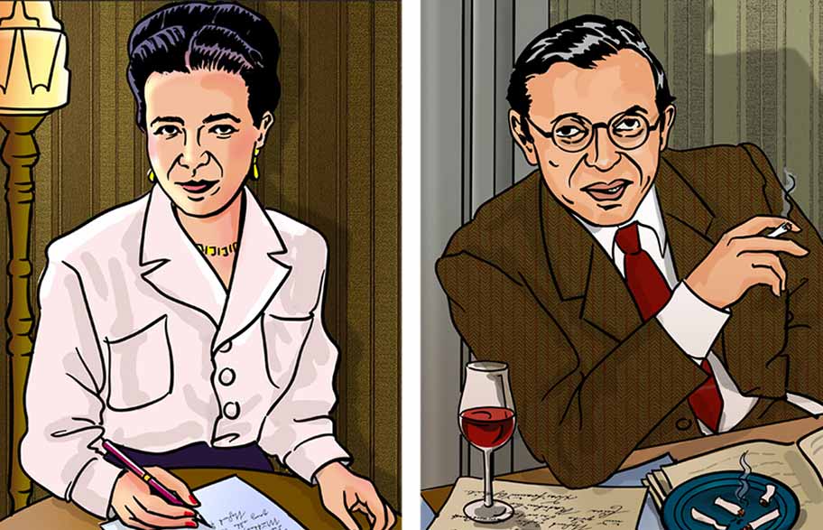 Portrait Illustrationen von Simone de Beauvoir und Jean Paul Sartre