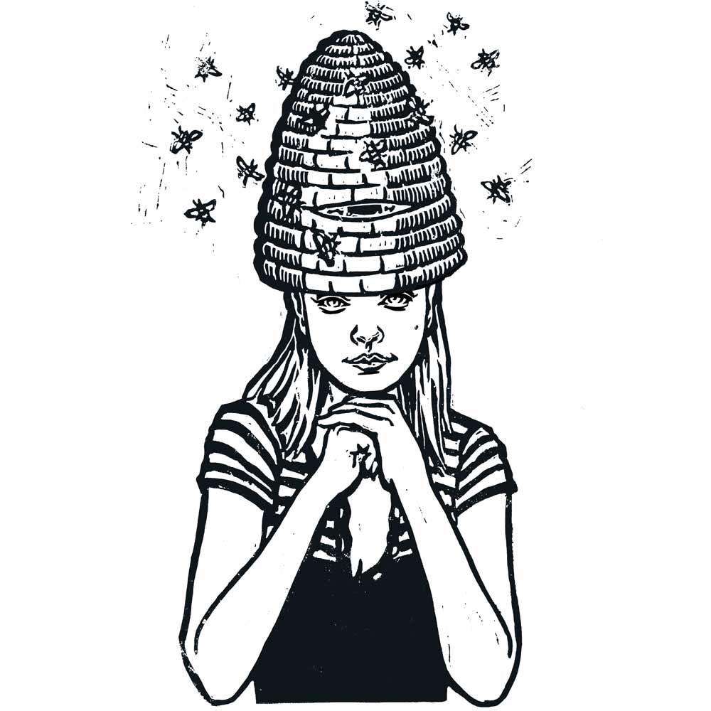 Tattoo-Style Illustration, Mädchen mit einem Bienenstock auf dem Kopf, umschwirrt von Bienen