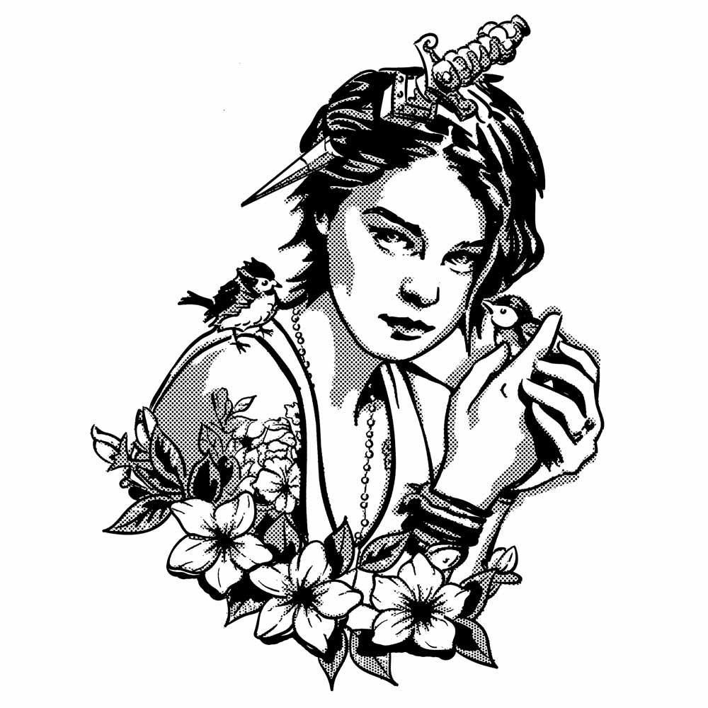 Tattoo-Style Illustration, Mädchen einem Messer im Haar, Vögeln in den Händen und Blumen