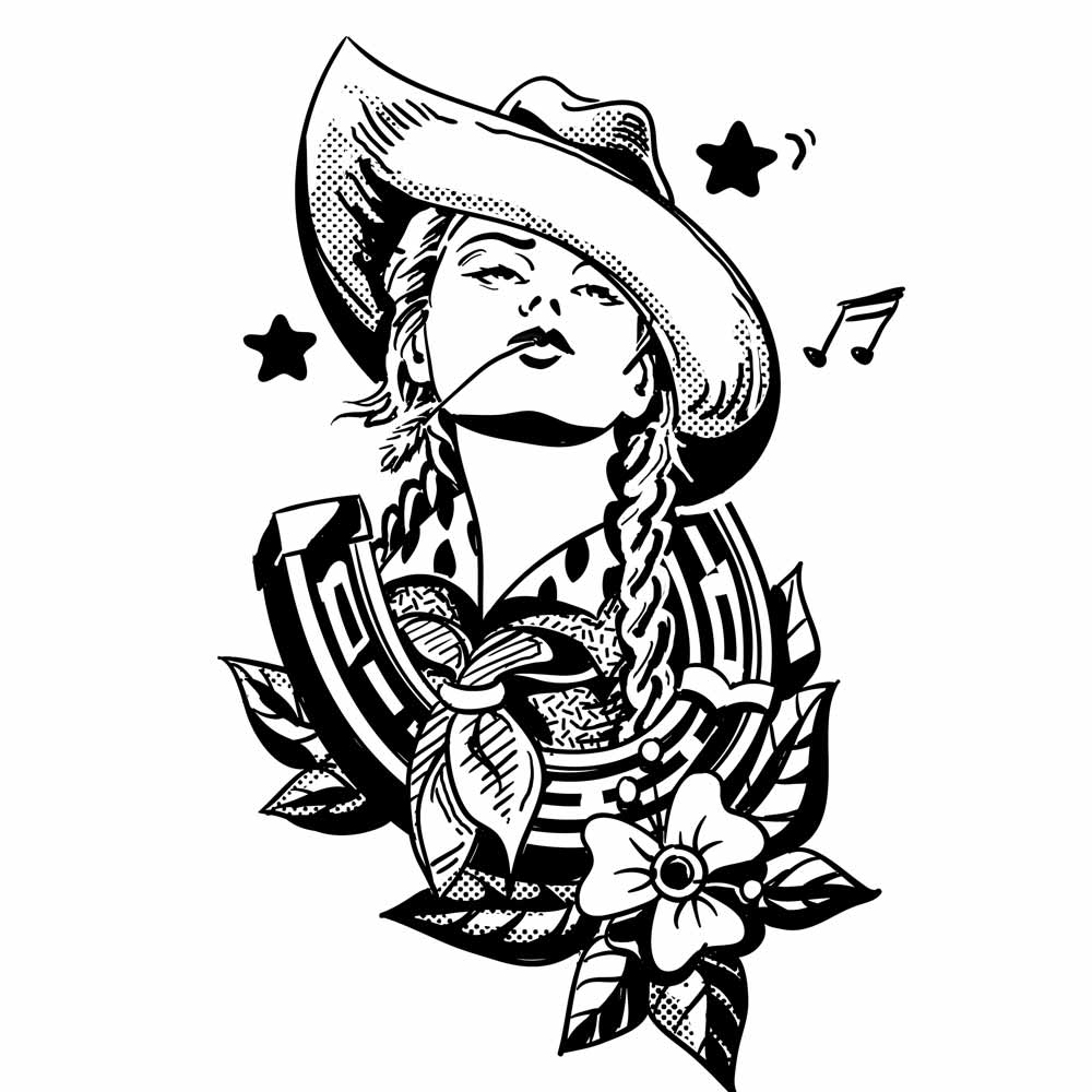 Tattoo-Style Illustration, Frau mit Cowboyhut, Halstuch und einem Hufeisen