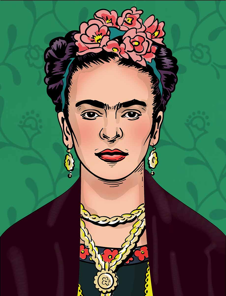 Portrait Illustration von Frida Kahlo mit Blumen im Haar vor grünem Hintergrund