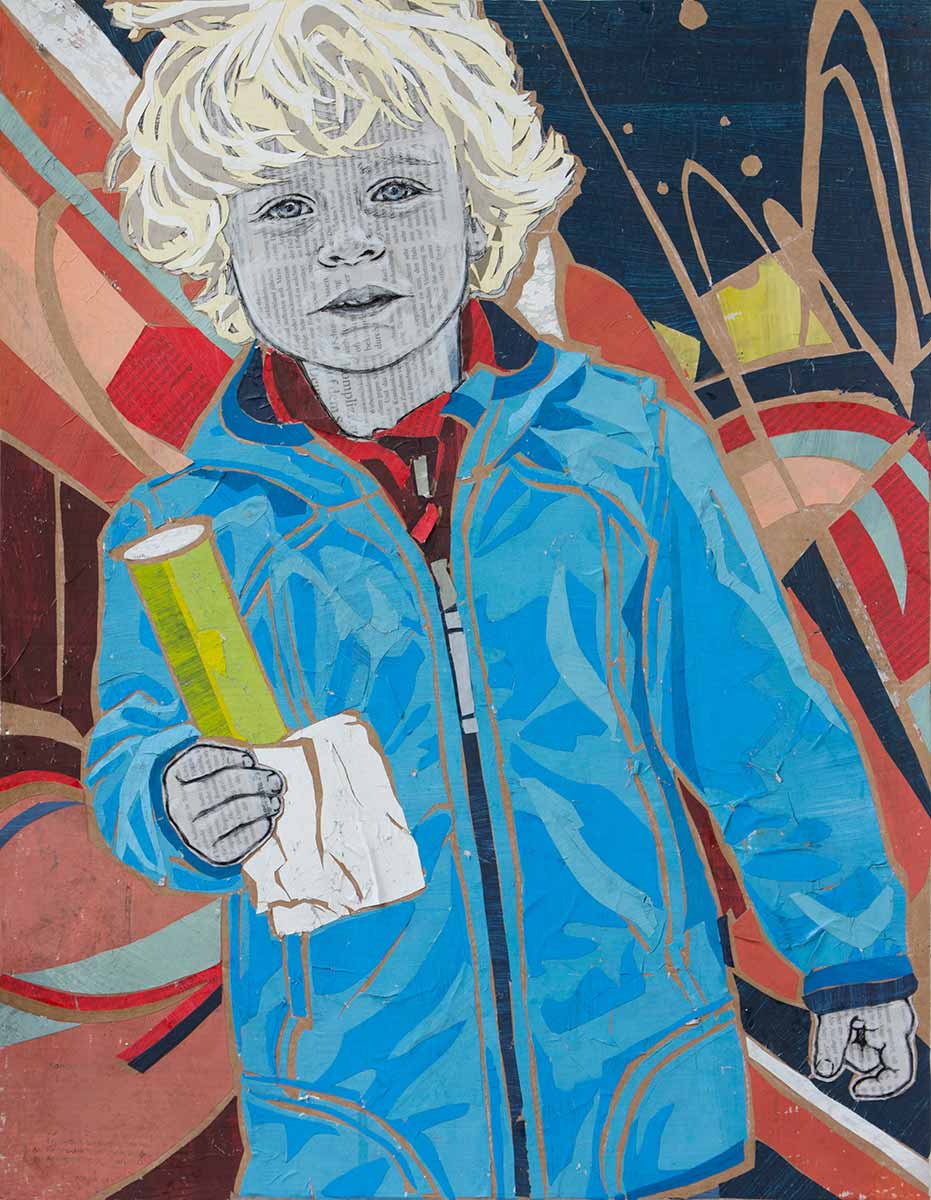 Papiercollage, kleiner Junge im blauen Anorak mit einem Eis in der Hand