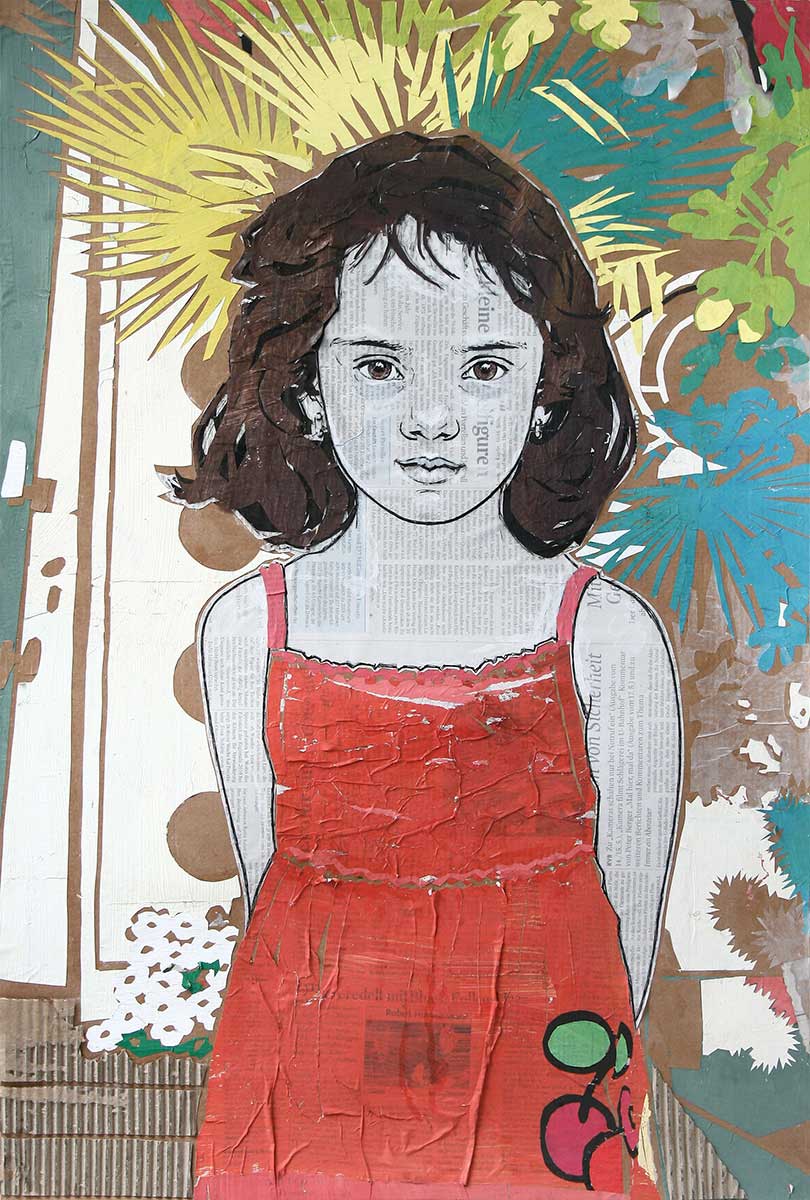 Papiercollage, kleines Mädchen in einem roten Sommerkleid vor einem bunten Pflanzenhintergrund