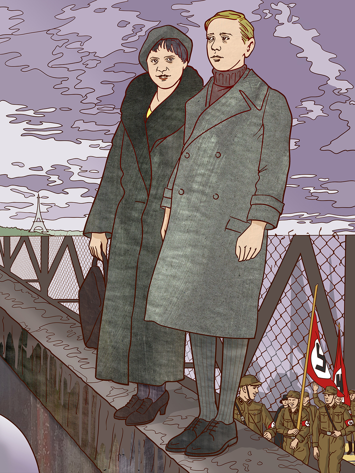 Portrait der Schriftstellerin Luise Straus. Sie steht mit ihremgroßen Sohn Jimmy auf einer Brücke. Im Hintergrund marschieren Nazis.
