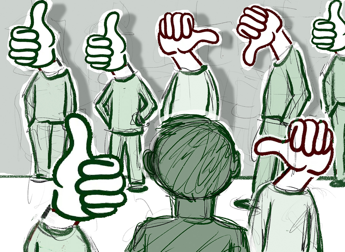 Ein junger Mann konfrontiert mit einer Gang, deren Köpfe durch Daumen hoch und Daumen runter Symbole ersetzt sind.