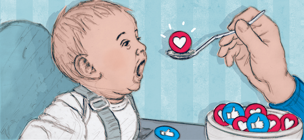 Ein Baby wird mit Herzen und Daumen-hoch Symbolen gefüttert